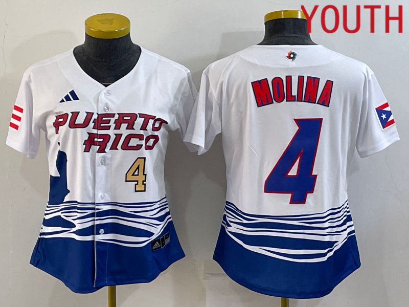 Youth 2023 World Cub Puerto Rico #4 Molina White MLB Jersey3